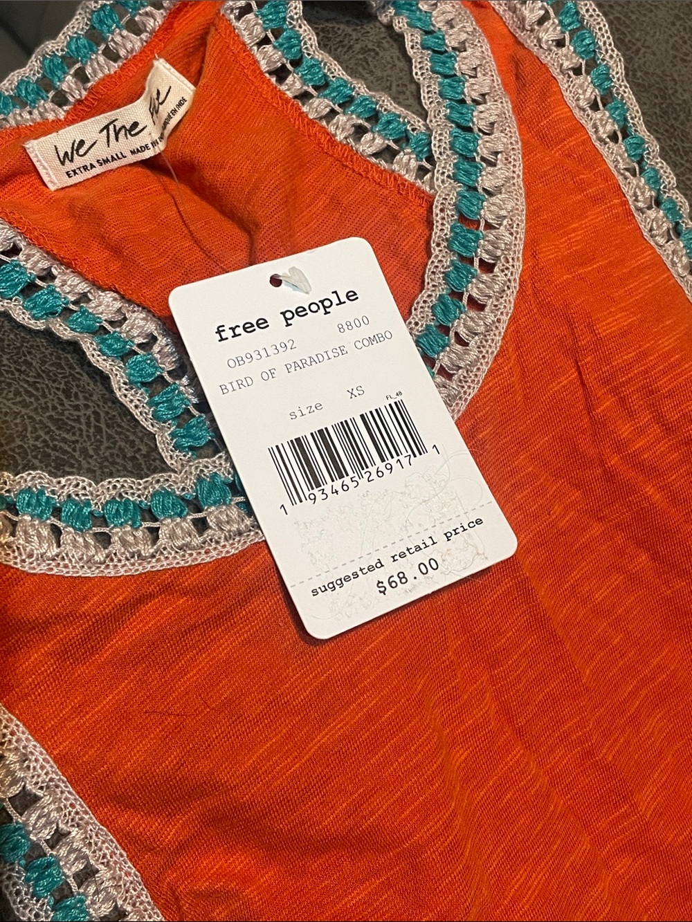 Free People Orange Tank Top with Teal & Silver Crochet Trim
